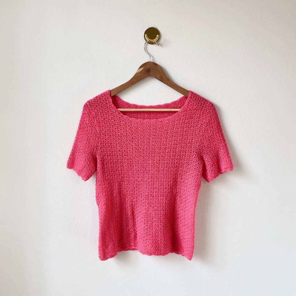 Vintage • Crochet Short Sleeve Top in Hot Pink - Picture 1 of 4
